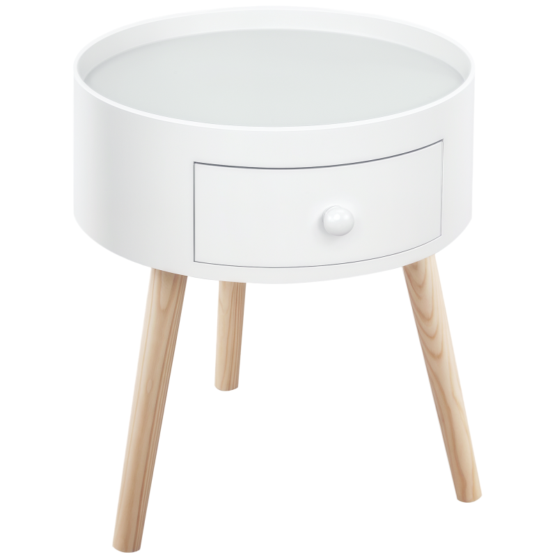 HOMCOM Modern Side Table, Small Coffee Table, Round Bedside Table with Drawer and Wood Legs for Living Room, Bedroom, White