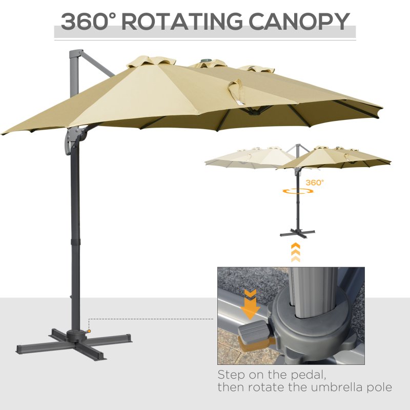 Outsunny 4.5m Patio Cantilever Roma Parasol, Large Double-Sided Rectangular Garden Umbrella with Crank Handle, 360 degrees Cross Base for Bench, Outdoor, Khaki