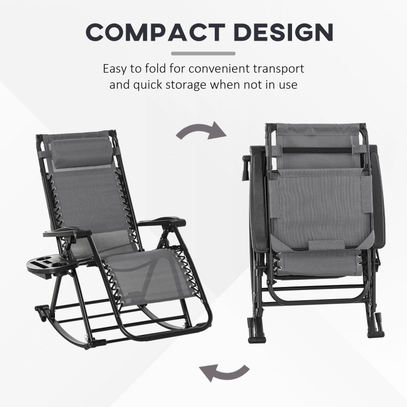 Outsunny Garden Rocking Chair Folding Recliner Outdoor Adjustable Sun Lounger Rocker Zero-Gravity Seat with Headrest Side Holder Patio Deck - Grey