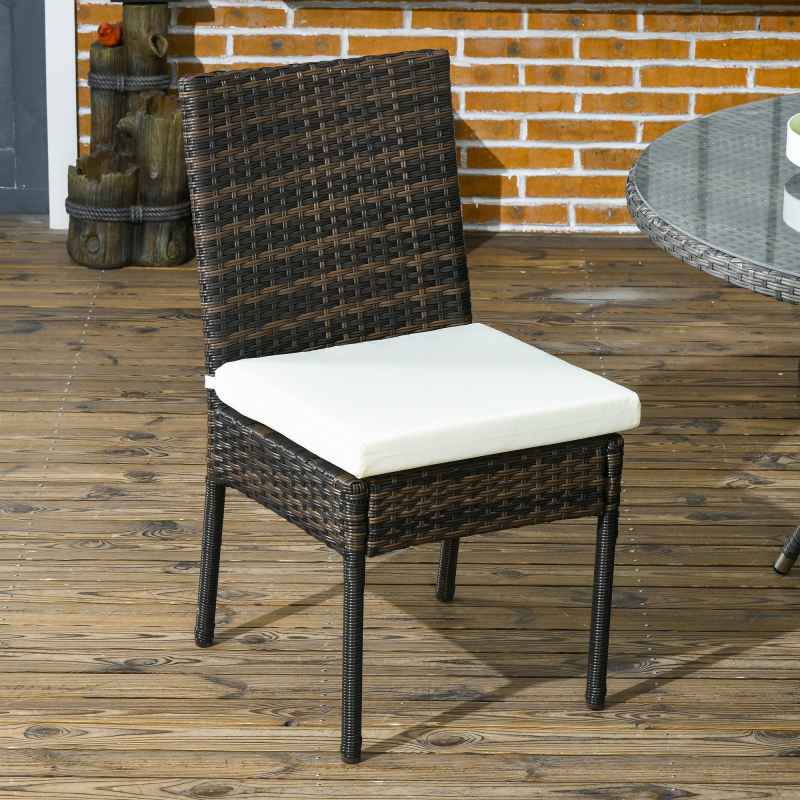 Outsunny 2 Pieces PE Rattan Garden Chairs with Cushion, Patio Wicker Dining Chairs with Backrest for Patio, Deck, Garden, Brown