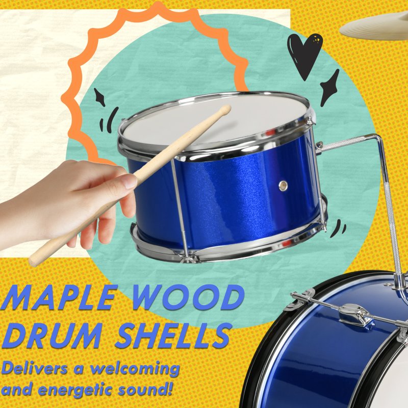 AIYAPLAY Drum Kit for Kids, Full Sized Drum Set with Five Drums, Two Cymbals, Stool, Drumsticks, Pedal, Cymbals, Musical instrument Toy, Blue