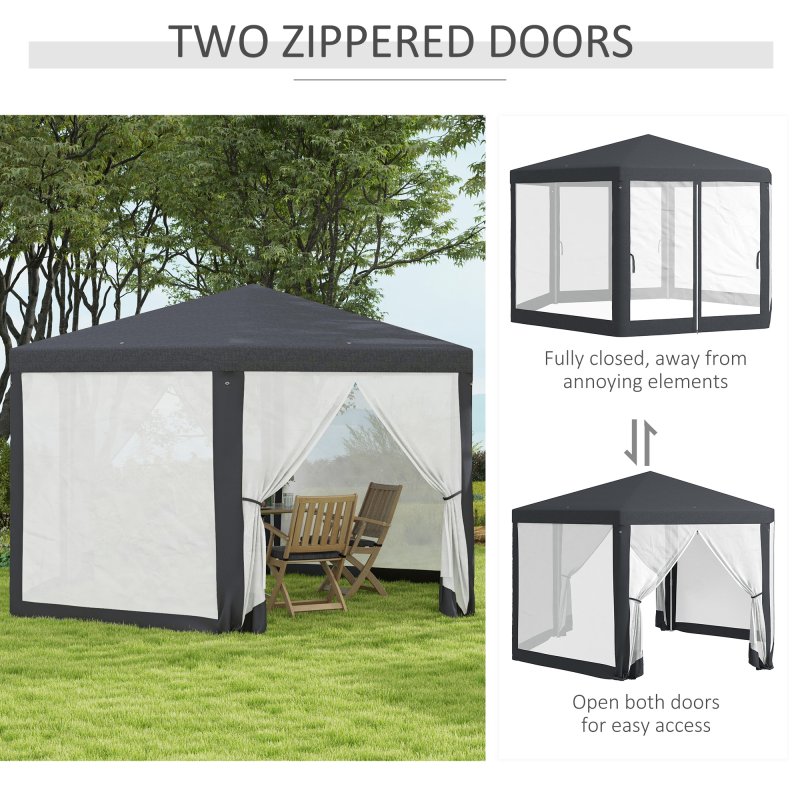 Outsunny 4M Hexagon Gazebo, Netting Party Tent, Patio Canopy Outdoor Event Shelter for Activities, Shade Resistant, Dark Grey