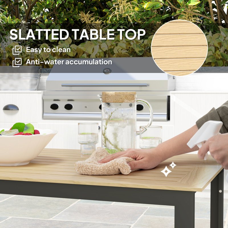 Outsunny Garden Table for 6 People, 175 x 78 x 75 cm Rectangle Outdoor Dining Table with Slatted Top, Metal Frame, for Balcony, Deck, Teak