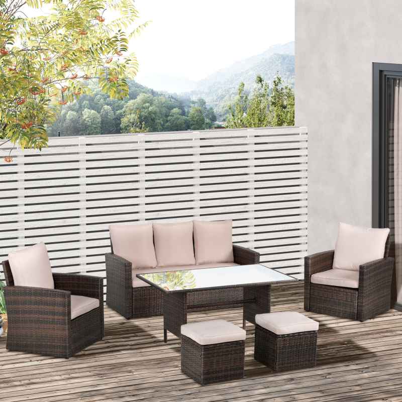 Outsunny 6 Pieces Rattan Garden Furniture Set, 7 Seater Wicker Garden Sofa Set with Glass Top Dining Table, Armchairs and Footstools, Outdoor Furniture with Cushions for Patio, Mixed Brown