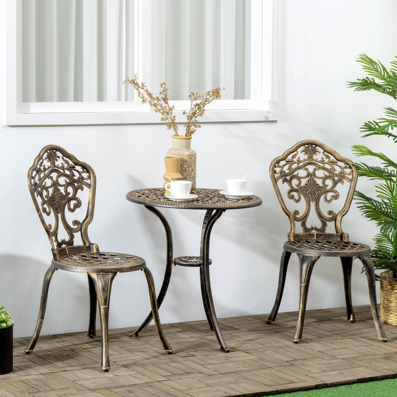 Outsunny 3 Piece Cast Aluminium Garden Bistro Set for 2 with Parasol Hole, Outdoor Coffee Table Set, Two Armless Chairs and Round Coffee Table for Balcony, Patio, Bronze