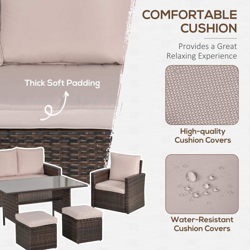 Outsunny 6 Pieces Rattan Garden Furniture Set, 7 Seater Wicker Garden Sofa Set with Glass Top Dining Table, Armchairs and Footstools, Outdoor Furniture with Cushions for Patio, Mixed Brown