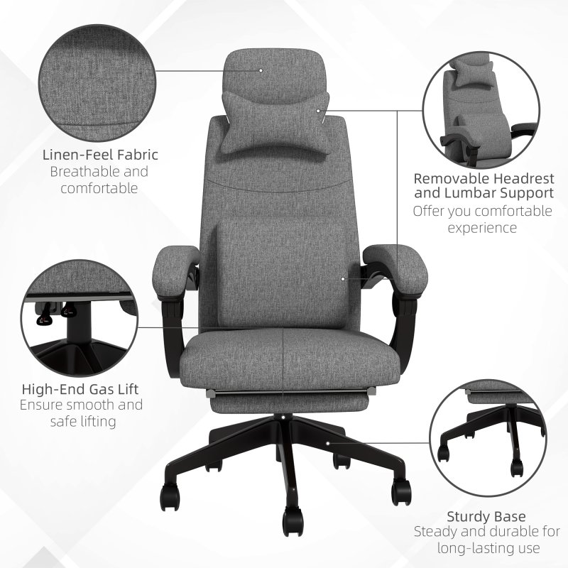 Vinsetto Office Chair, Ergonomic Desk Chair, High Back Fabric Work Chair with 160° Reclining Backrest, Retractable Footrest, Neck and Lumbar Pillow for Home and Study, Dark Grey