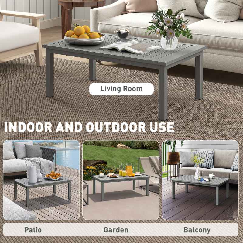 Outsunny Aluminium Outdoor Coffee Table, Rectangular Patio Side Table with Slat Tabletop for Indoor, Garden, Balcony, 100cm x 60 cm, Grey