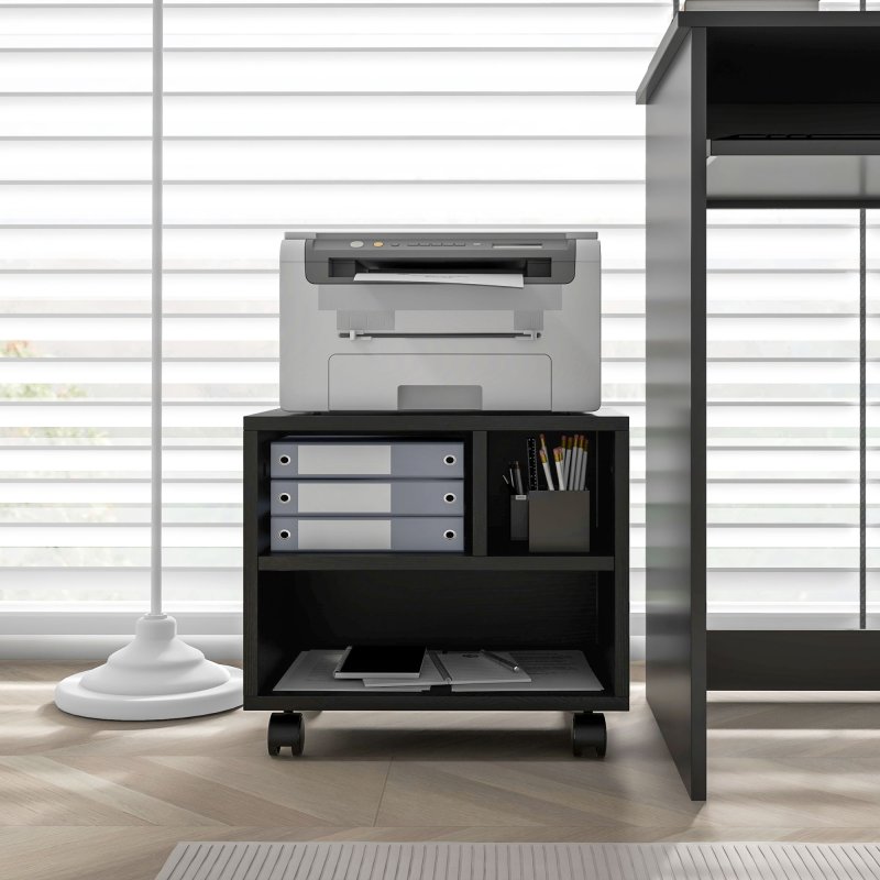 HOMCOM 2-Tier Printer Stand with Storage, Under Desk Printer Cart on Wheels with 3 Compartments, Desktop Printer Table for Home Office, Black