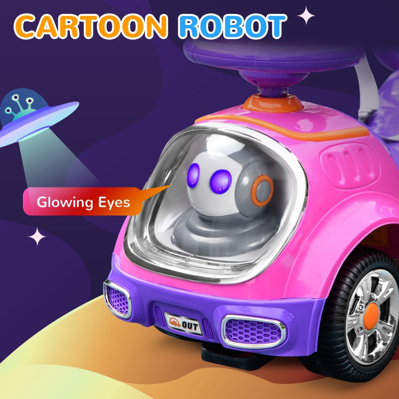 AIYAPLAY 3 in 1 Ride on Push Car, Cartoon Robot Theme Foot to Floor Slider, Baby Push Along Car with Parent Handle, Light Music Horn, Underneath Storage, for Boys Girls 12-36 Months - Pink