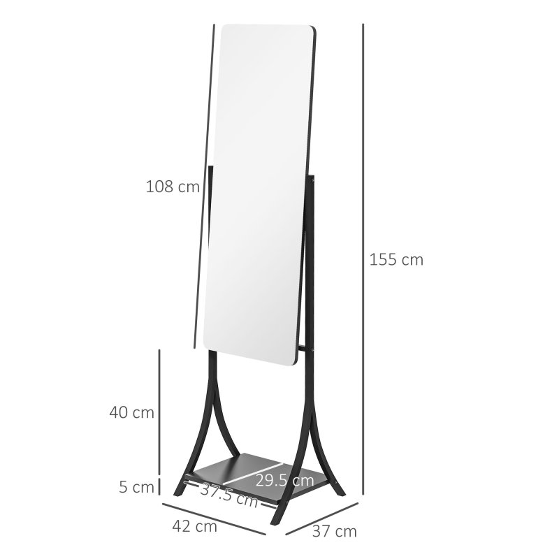 HOMCOM Full Length Mirror, Free Standing Floor Mirror, Full Body Mirror with Adjustable Angle and Storage Shelf for Living Room, Bedroom, Hallway, 108 x 37cm, Black