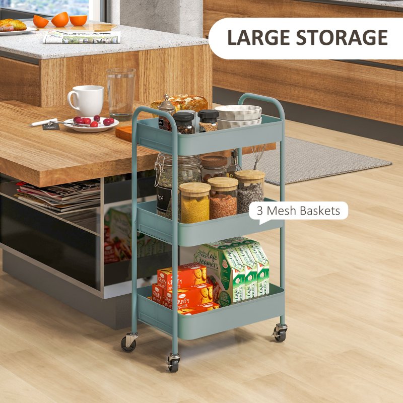 HOMCOM 3-tier Storage Trolley on Wheels, Metal Storage Cart, Rolling Ultility Cart with 3 Mesh Baskets for Living Room, Kitchen, Light Blue