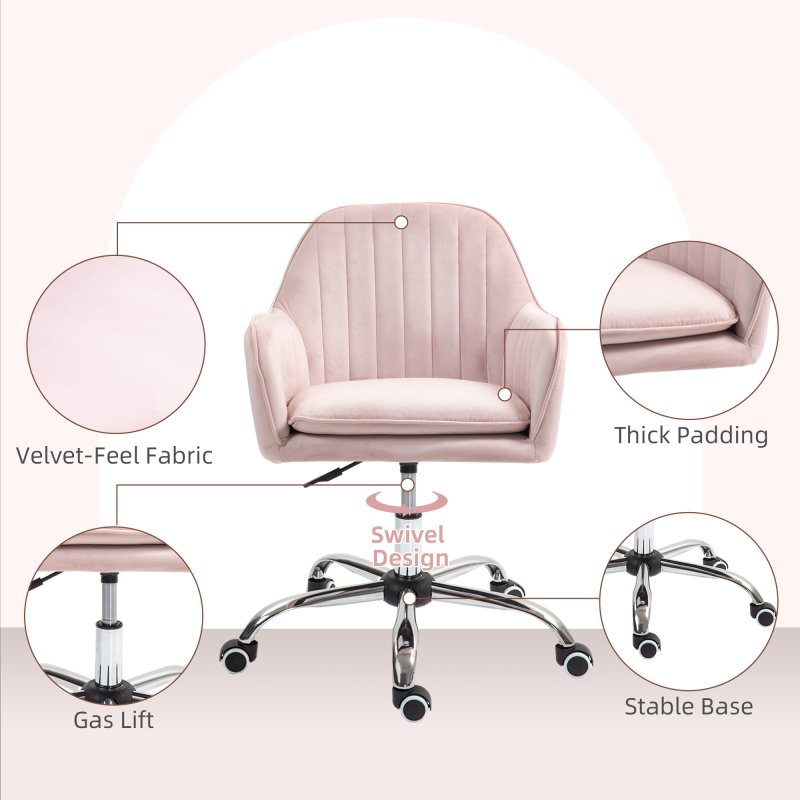 HOMCOM Office Chair, Swivel Desk Chair, Velvet-Feel Fabric Vanity Chair with Adjustable Height and Rolling Wheels for Home Work Study, Pink