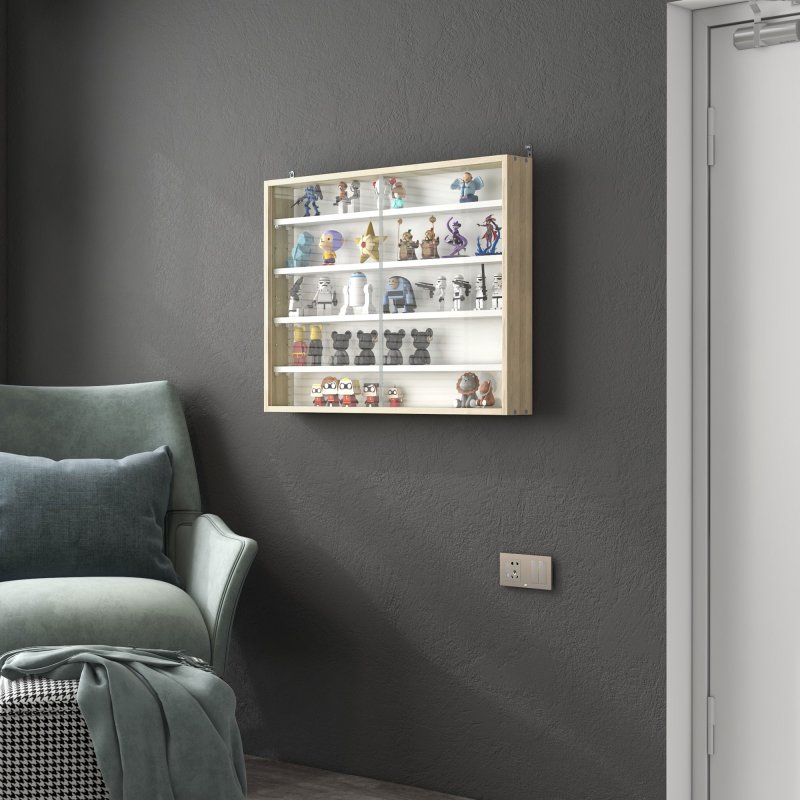 HOMCOM 5-Tier Wall Mounted Display Cabinet, Display Case with 4 Adjustable Shelves, Glass Doors for Home Office Ornaments 60x80cm, Natural