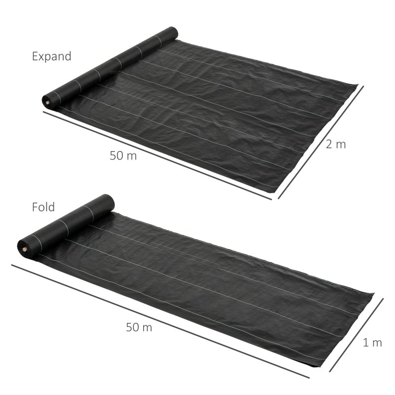 Outsunny 2m x 50m Weed Control Membrane, Heavy Duty Weed Control Barrier Fabric, 90gsm Ground Cover for Patios, Garden, Flower beds, Landscaping