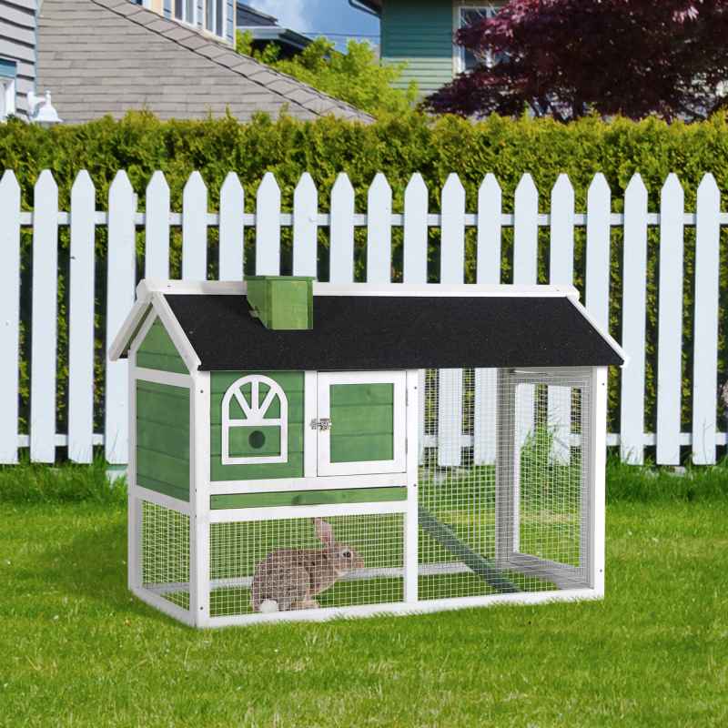 PawHut 2 Tiers Rabbit Hutch and Run Wooden Guinea Pig Hutch Outdoor with Sliding Tray, Ramp, Water-resistant Roof, for 2-4 Rabbits, Green
