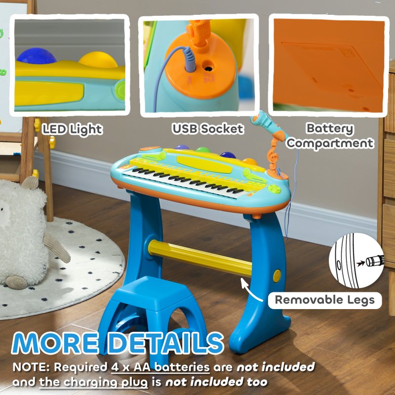 AIYAPLAY Kids Piano, 37 Keys Electronic Keyboard, Children Grand Piano with Microphone, Stool, LED Light, Record & Play Function, Musical Instrument for Kids Ages 3-6 Years, Blue