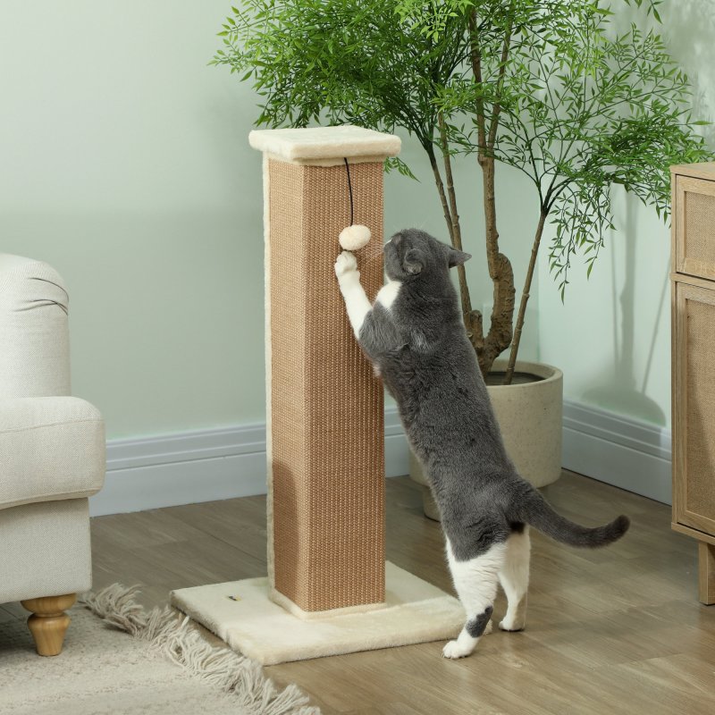 PawHut Cat Scratching Post for Indoor Cats, 81cm Cat Scratcher, Vertical Full Scratcher with Natural Jute Rope, Hanging Ball and Soft Plush, Beige