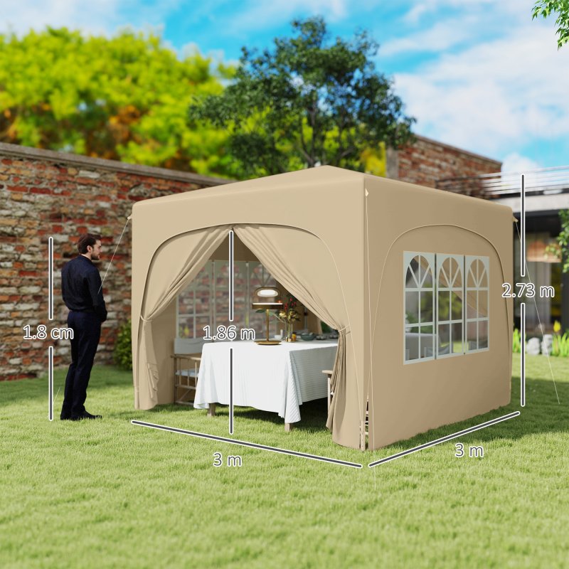 Outsunny 3 x 3(m) Pop Up Gazebo with Sides and Carry Bag, UPF50+, Height Adjustable Party Tent Instant Event Shelter for Garden, Outdoor, Patio, Sand