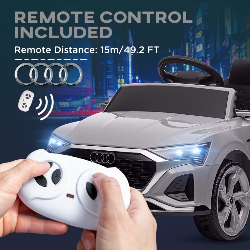 AIYAPLAY Audi Q8 E-tron Licensed Electric Car for Kids, 12V Electric Ride on Sportback Design with Remote Control, 4 Suspension Wheels, LED Headlights, Music, Horn, for Ages 3-4 - Grey