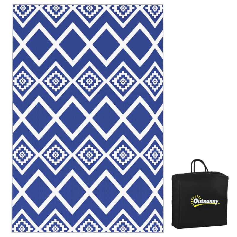 Outsunny Reversible Outdoor Rug with Carry Bag, Waterproof Plastic Straw Mat for Garden, Deck, RV, Picnic, Beach, Camping, 182 x 274cm, Blue and White