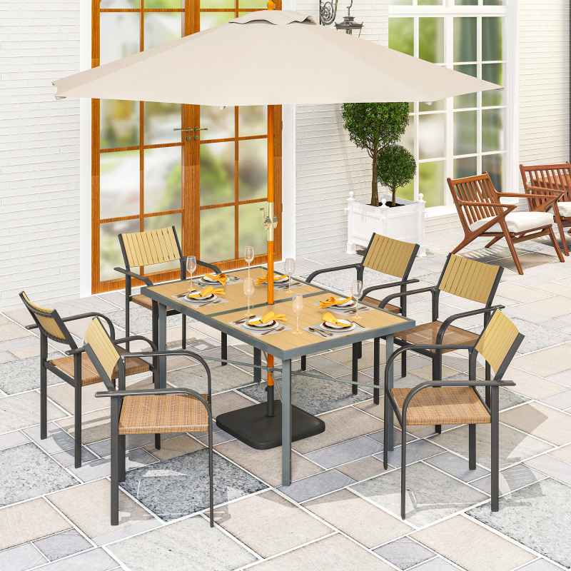 Outsunny Garden Table for 6, 150 cm Rectangular Outdoor Dining Table with 5 cm Umbrella Hole, Wood Effect Top, Rust Resistant Frame, for Patio, Balcony, Terrace, Natural Wood Finish