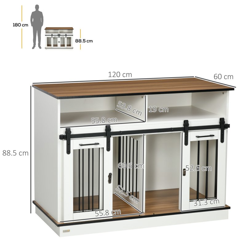 PawHut Dog Crate Furniture for Small and Large Dogs w/ Movable Divider, Dog Cage End Table with Shelves, Sliding Doors, 120 x 60 x 88.5cm, White
