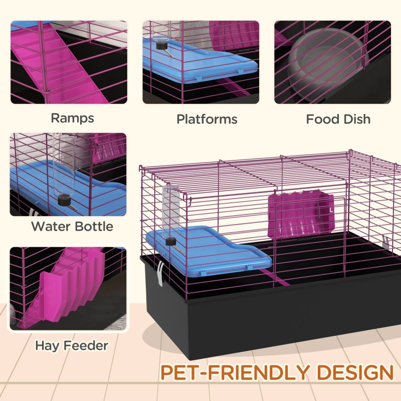 PawHut Guinea Pig Cage Chinchillas Rabbit Small Animal Cage with Ramp, Dish, Water Bottle, 71 x 46 x 47cm, Black