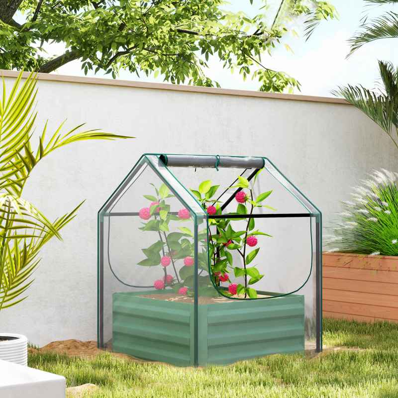 Outsunny Raised Garden Bed with Mini Greenhouse, Outdoor Metal Planter Box with Cover, for Herbs and Vegetables, Use for Patio, Garden, Balcony, Clear and Green