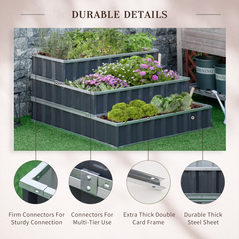 Outsunny 3 Tier Raised Garden Bed, Metal Elevated Planer Box Kit Flower Pot w/ A Pairs of Glove for Garden, Patio to Grow Vegetables, Herbs, Flowers, 118 x 118 x 62 cm, Grey