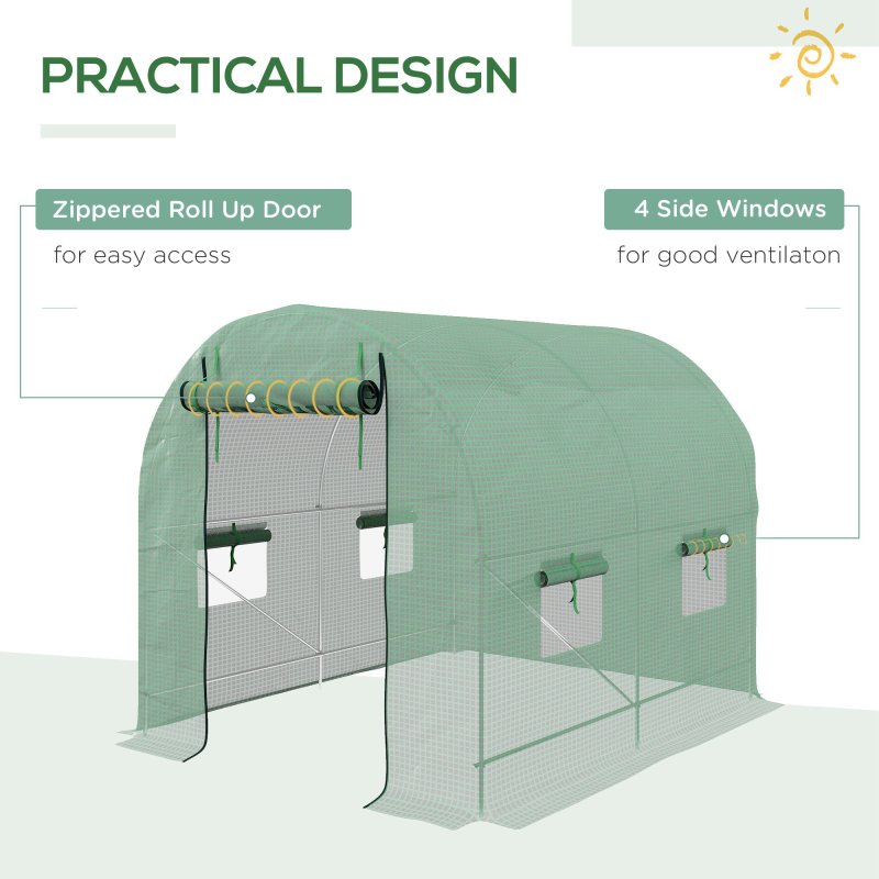 Outsunny 2.5 x 2m Walk-In Polytunnel Greenhouse, with Steel Frame, PE Cover, Roll-Up Door and 4 Windows, Green