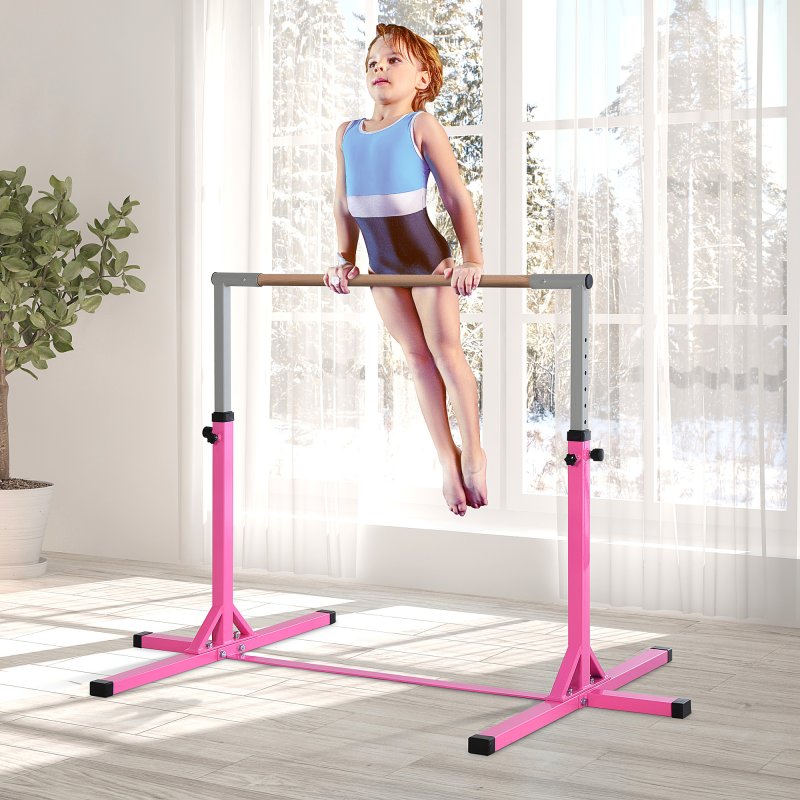 HOMCOM Height Adjustable Gymnastics Horizontal Bar For Kids Home Gym Training Children Junior Kip High Bar Fitness, Pink