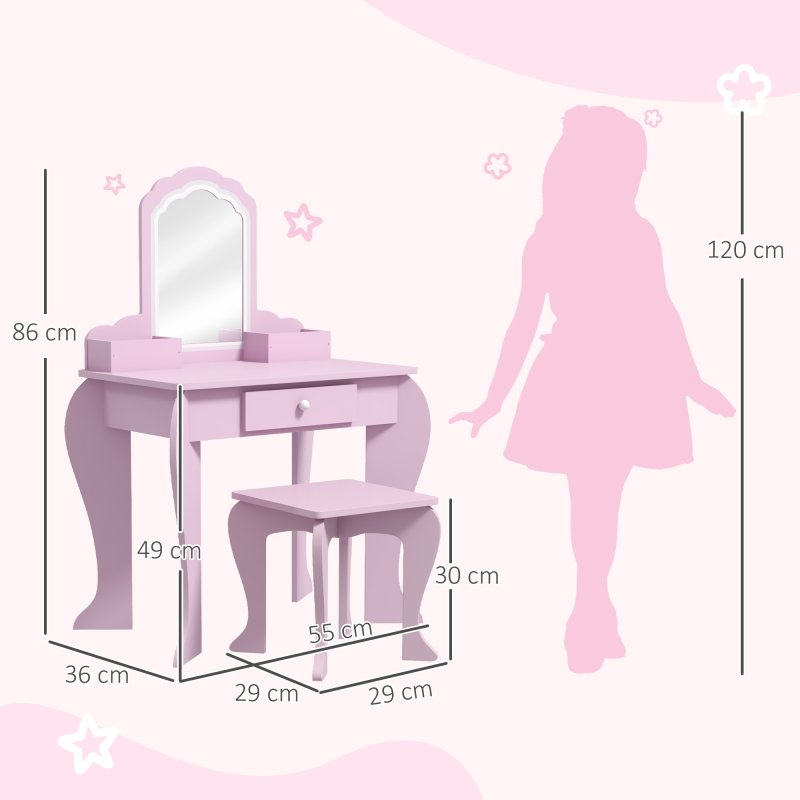 ZONEKIZ Kids Dressing Table, Kids Vanity Table, Girls Dressing Table with Mirror, Stool, Drawer, Storage Boxes, Cloud Design, for Ages 3-6 Years - Pink