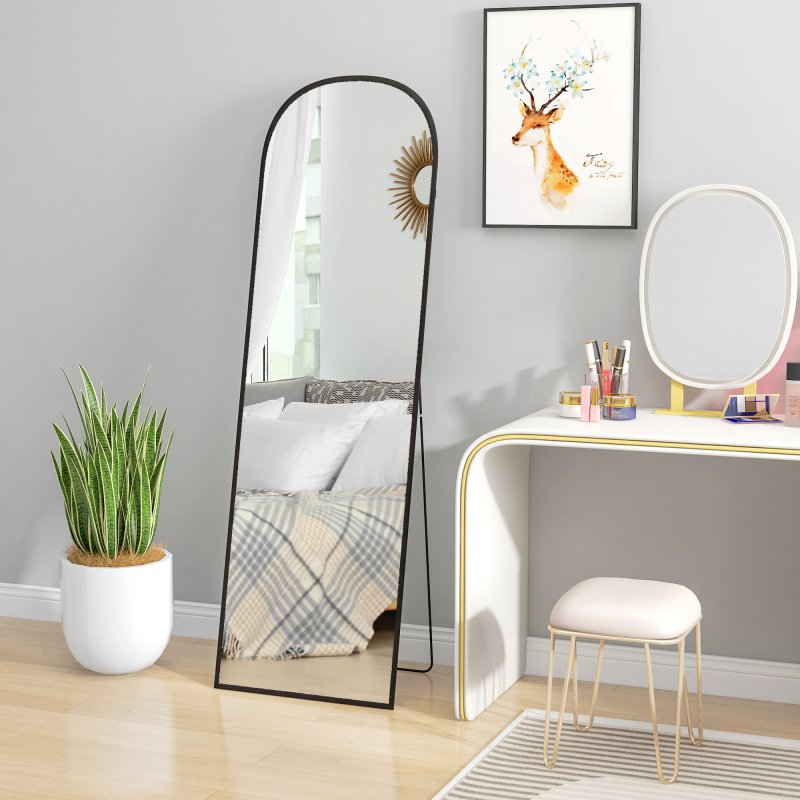 HOMCOM Full Length Mirror, 162x50cm Arched Free Standing Floor Mirror with Aluminium Alloy Frame, Hanging or Leaning for Living Room, Bedroom, Black Frame
