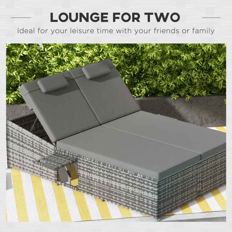 Outsunny Double Rattan Sun Lounger, Garden Daybed with 5-Level Adjustable Backrest and Flip Side Trays, Wicker Outdoor Furniture Recliner with Cushions and Pillows for Patio, Grey