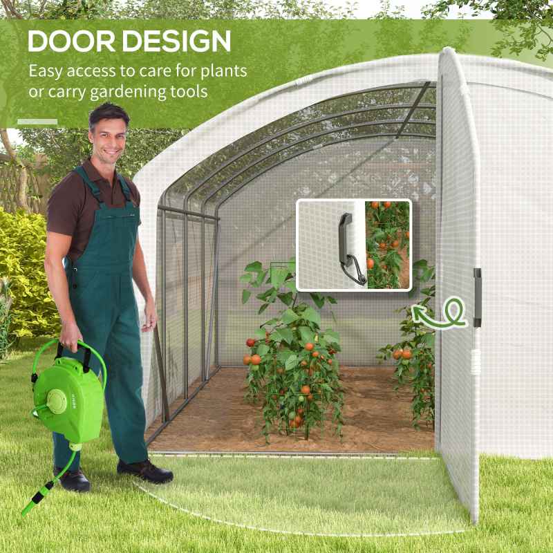 Outsunny 4 x 3 x 2m Polytunnel Greenhouse with Hinged Door, Walk-in Grow House Tent with UV-resistant PE Cover, Galvanised Steel Frame, Clamps, White