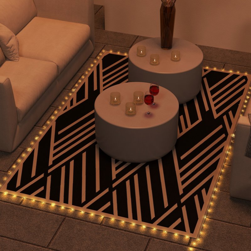 Outsunny Reversible Outdoor Rug with LED String Lights, Waterproof Plastic Straw Mat with Carry Bag for Garden, Deck, RV, Picnic, Beach, Camping, 182 x 274cm, Black and Coffee