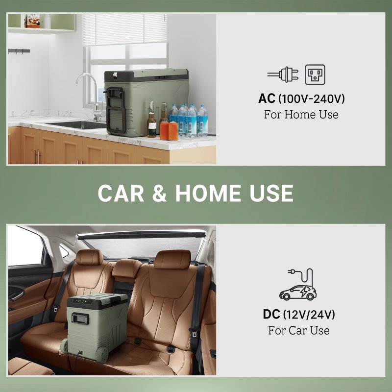 Outsunny 45L Car Fridge Freezer Dual Zone, Portable Camping Fridge 12V/24V DC & 100-240V AC, Electric Cool Box -20°C-20°C with Wheels and LED Light, for Travel, RV, Road Trip, Picnic