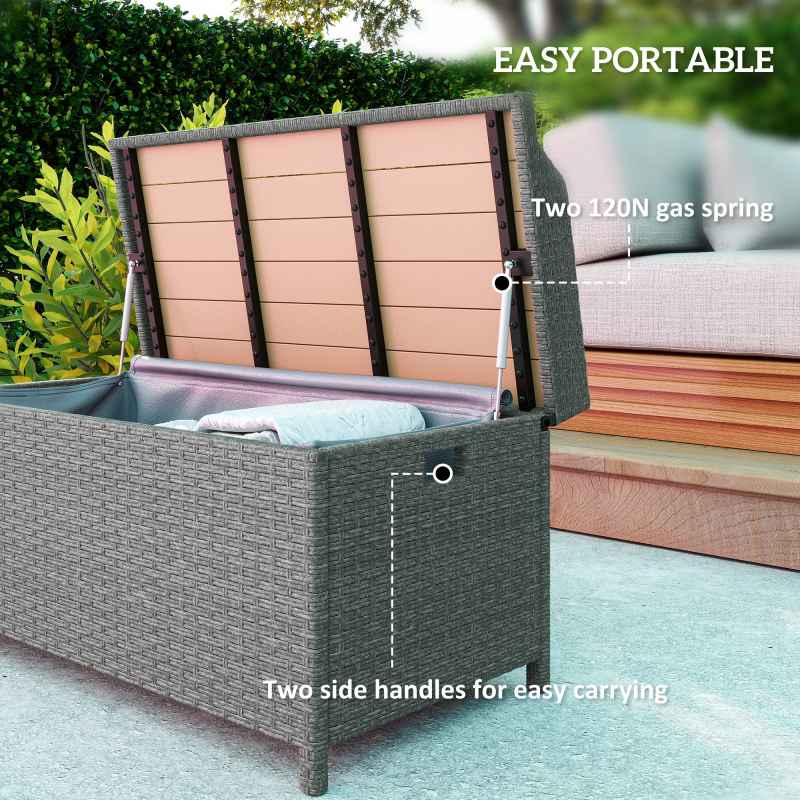 Outsunny PE Rattan Outdoor Storage Bench, Aluminium Garden Bench with Storage Underneath w/ Zipped Inner Lining, Rods for Deck, Grey