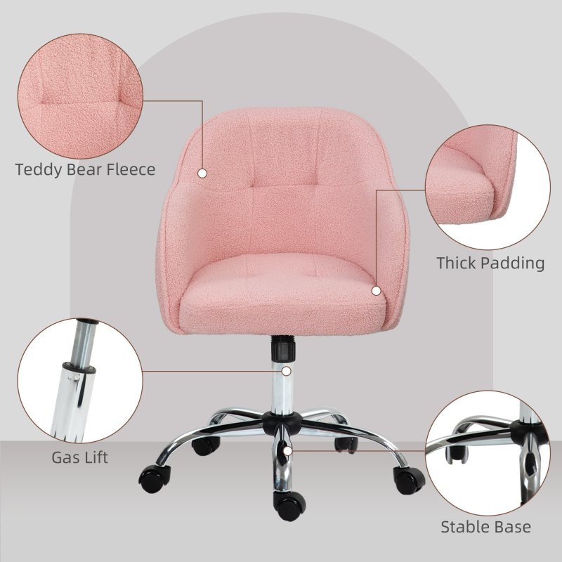HOMCOM Office Chair, Teddy Fleece Swivel Computer Desk Chair, Makeup Vanity Seat with Adjustable Height for Home Study Bedroom, Pink