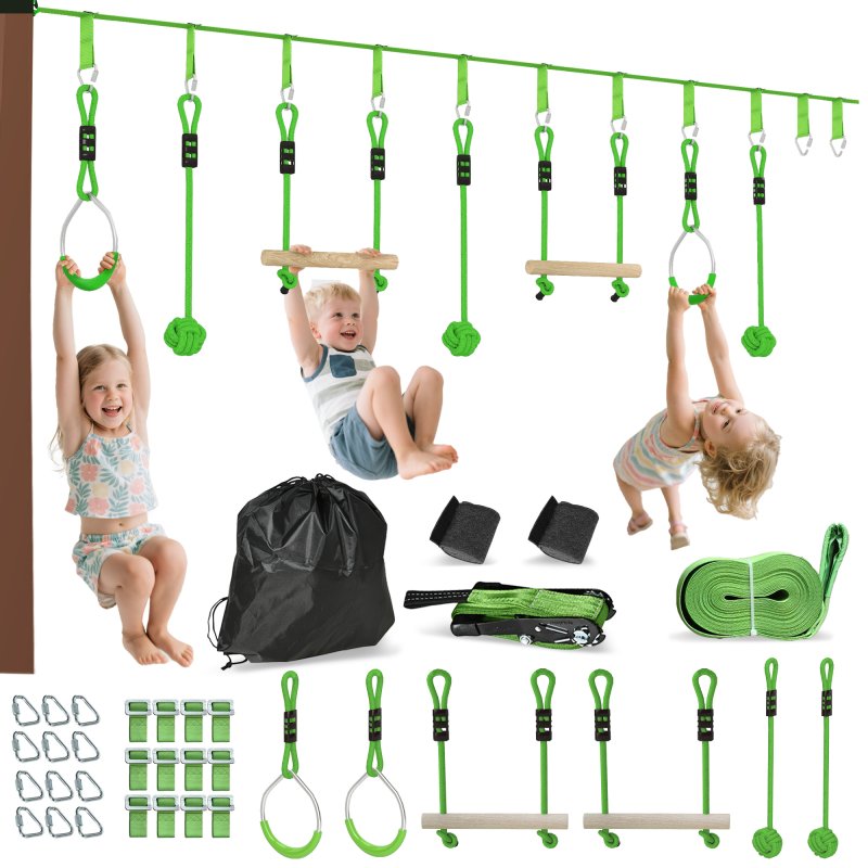 AIYAPLAY Zip Line for Kids Outdoor Adventures,7 Piece 10m Kids Slackline Kit with Wooden Monkey Bars, Metal Rings, Gripping Balls, Toddler Zip Line for Garden, Green