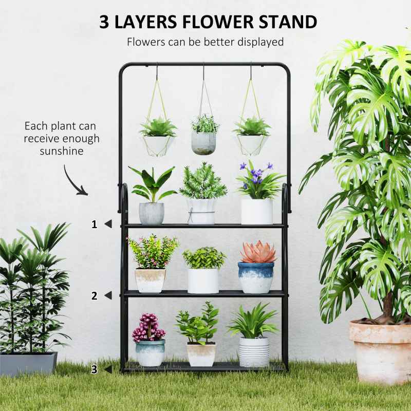 Outsunny 3 Tier Plant Stand with Hanging Rod and Hooks, Metal Plant Rack Shelf, Ladder Flower Pot for Indoor Outdoor Porch Balcony Living Room Bedroom, Black
