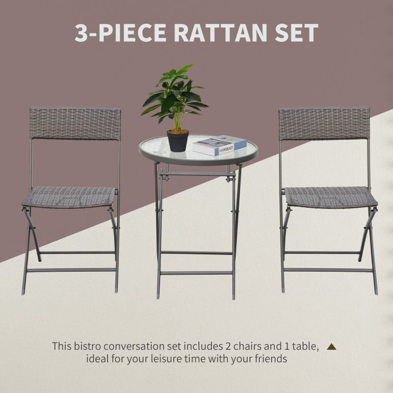 Outsunny 3 Pieces Rattan Bistro Set, Wicker Folding Garden Furniture Set with Round Glass Top Coffee Table and Chairs for Outdoor, Patio, Balcony, Brown