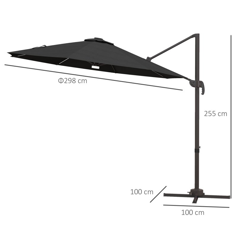 Outsunny 3(m) Cantilever Roma Parasol Garden Sun Umbrella Outdoor Patio with 360 Rotation Crank & Tilt Aluminium Frame LED Solar Light Cross Base, Dark Grey