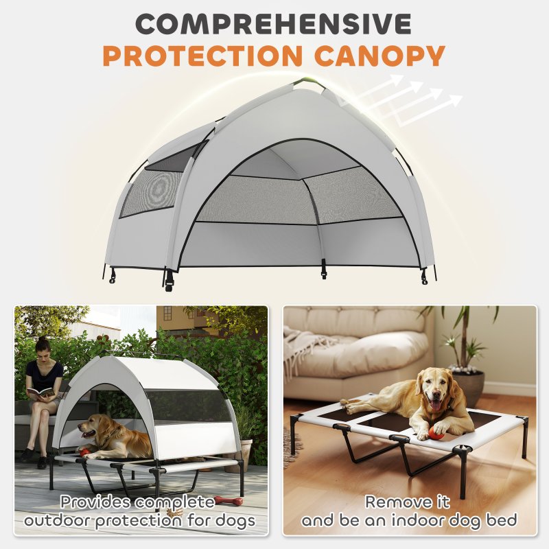 PawHut Elevated Dog Bed with Removable Canopy, Portable Cooling Raised Pet Cot with Breathable Mesh, Storage Bag, for Indoor Outdoor Use, for Large Dogs, 106 x 76 x 94 cm, Light Grey