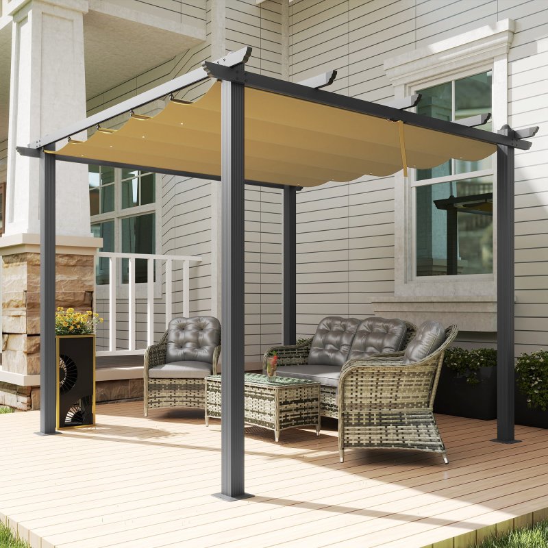 Outsunny 3 x 3(m) Pergola with Retractable Roof, Aluminium Frame Garden Gazebo Canopy Outdoor Sun Shade Shelter for Grill, Patio, Deck, Khaki