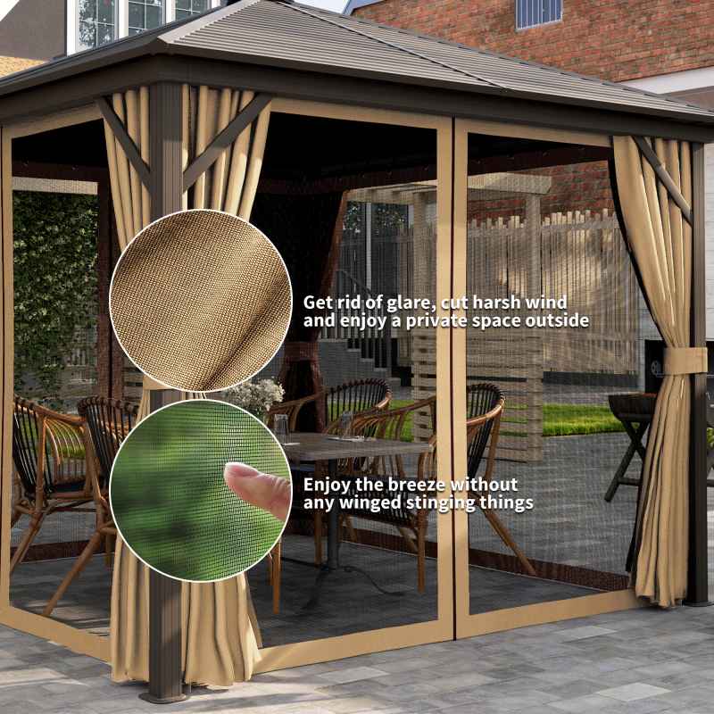 Outsunny 3 x 3 m Hardtop Gazebo with Netting and Curtains, Garden Gazebo Canopy Shelter with Metal Roof, Aluminium Frame, for Garden, Deck, Bronze Tone