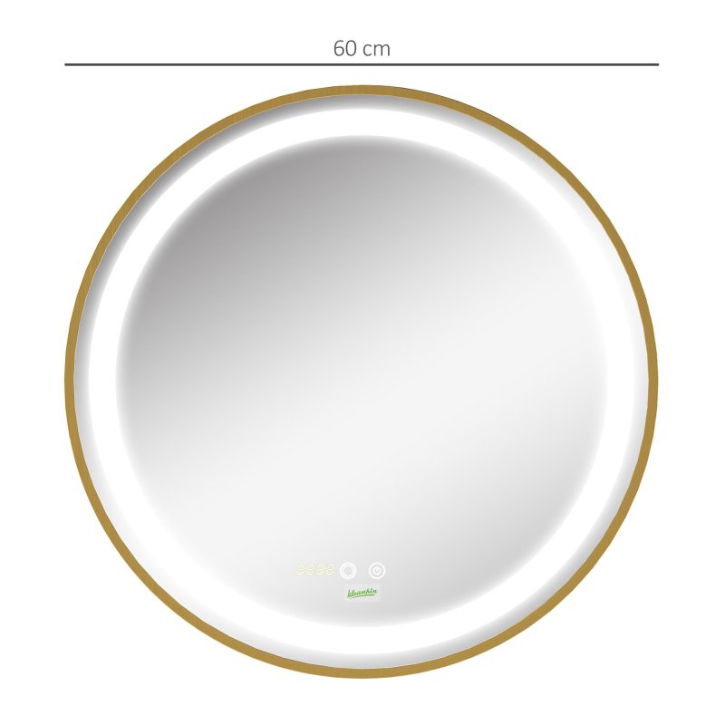 kleankin Round Bathroom LED Mirror, Dimmable Lighted Wall-Mounted Mirror with 3 Temperature Colours, Time Display, Memory Function, Hardwired, Gold