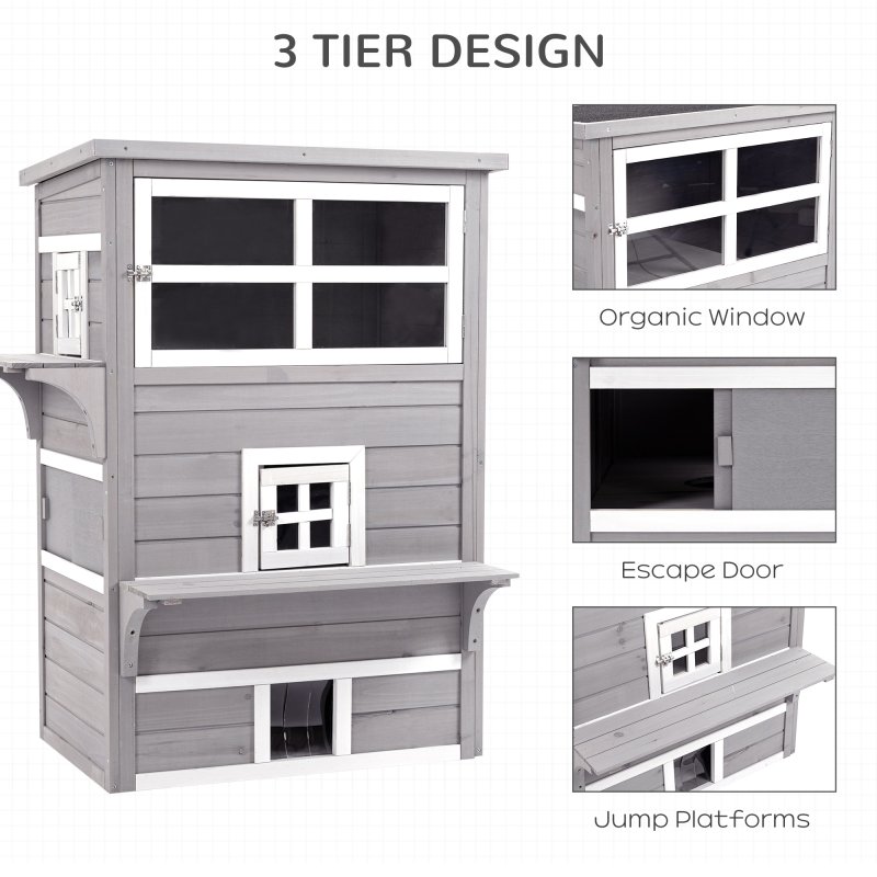 PawHut Outdoor Cat House, 3 Tier Wooden Kitten Shelter with Jumping Platforms, Asphalt Roof, Doors for Indoor, Garden - Grey
