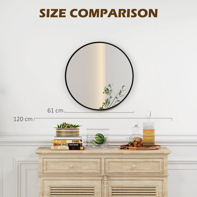 HOMCOM Circle Wall Mirror, 61 cm Round Bathroom Mirror for Living Room, Bedroom, Hallway, Black